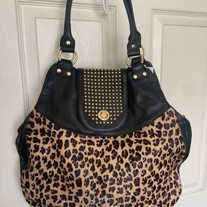 Clever Carriage Company Designer Black Leather, Leopard Calf-hair Hobo Handbag.